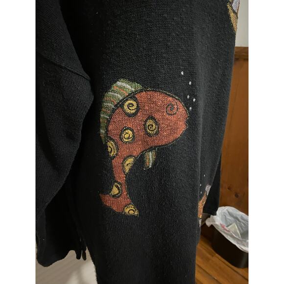 Black Light Slub Relaxed 100% Cotton Painted Fish Drop Shoulder One size Sweater - Picture 6 of 9
